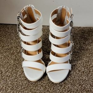 White buckle heeled sandals